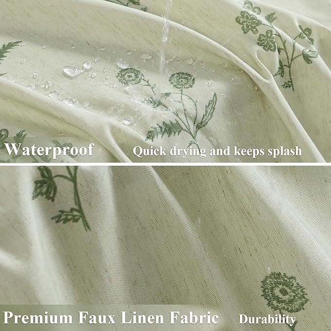 ORTIGIA Farmhouse Vintage Sage Green Floral Shower Curtain Block Print Linen Shower Curtains Set Boho Cottagecore Rustic Decor for Bathroom 72 W x 72 L