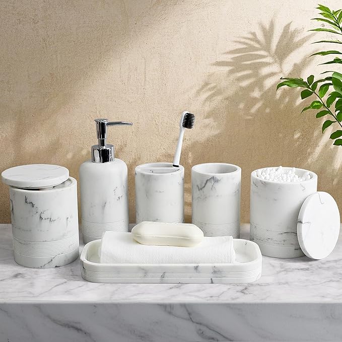 LIN CHUAN 6-Piece Bathroom Accessories Set, Organizer Set with Soap Dispenser, Toothbrush Holder Set, Vanity Tray, Tumbler & 2 Cotton Swab Jars – Modern Stylish Bathroom Storage(Marble White)