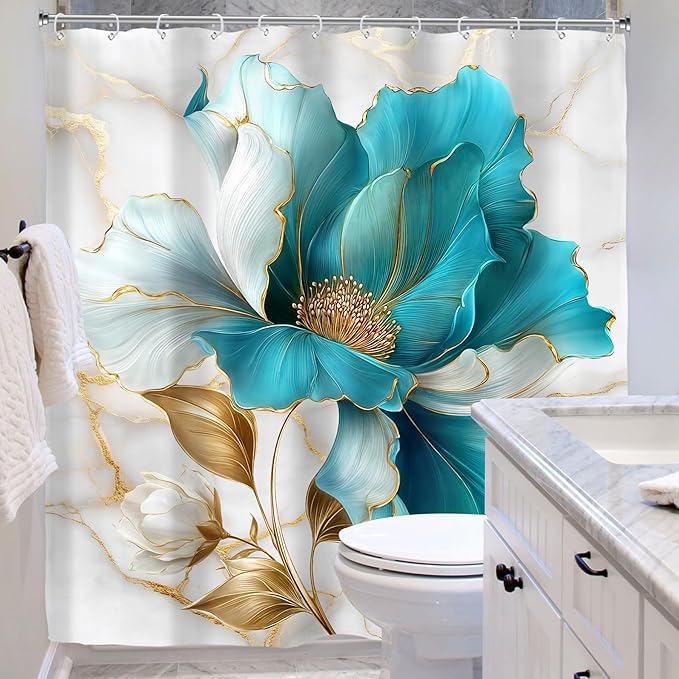 Riyidecor Teal Gold Marble Floral Shower Curtain for Bathroom Decor 72Wx84H Extra Long Abstract Modern Fashion Flower Luxury Modern Art Printed Fabric Polyester Waterproof 12 Pack Plastic Hooks