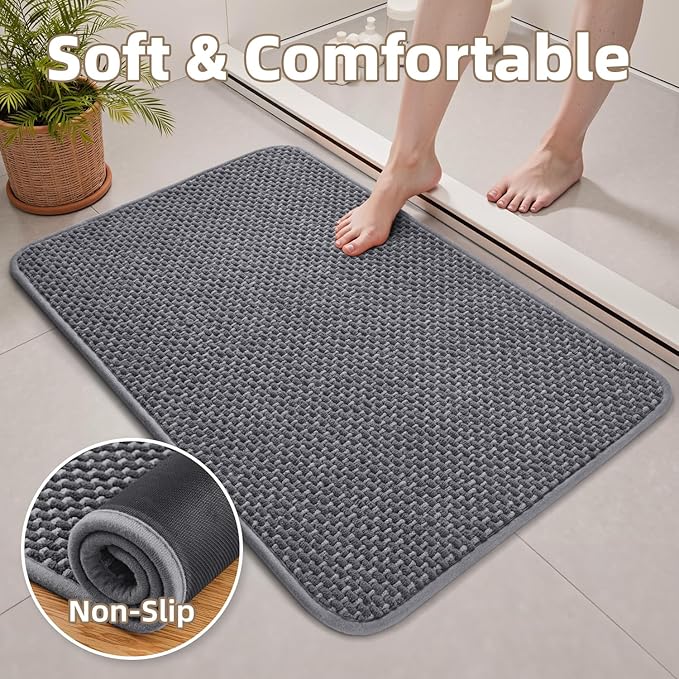 PADOOR-Bath Mat-Super Absorbent Chenille Bathroom Mats-Rubber Backed Bath Mats for Bathroom Non Slip, Easy Clean Bathroom Rugs Front of Bathtub,Shower Room,Sink-17×35, Grey&Darkgrey