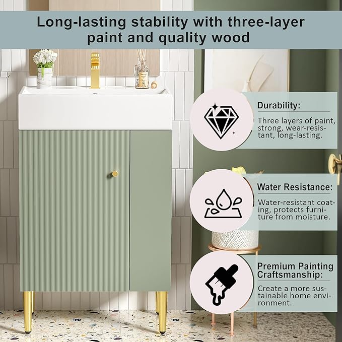 Virubi 21.6 in Small Bathroom Vanity with Sink,Doors and Storage Shelves,Wood Modern Single Fluted Bathroom Sink Cabinet Freestanding (Green,Right Shelf)