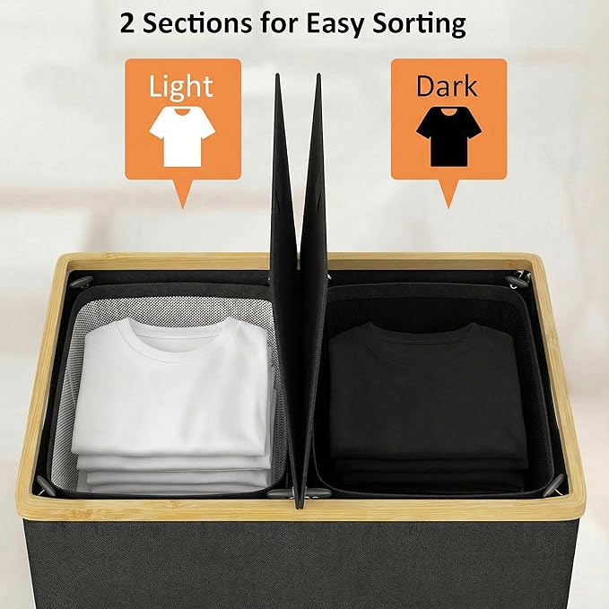 efluky Laundry Hamper with Lid, Double Laundry Hamper with 2 Removable Bags, 2 Section Laundry Basket with Bamboo Handles for Bathroom, Bedroom & Laundry Room, 140L (36.9 Gallon) Black