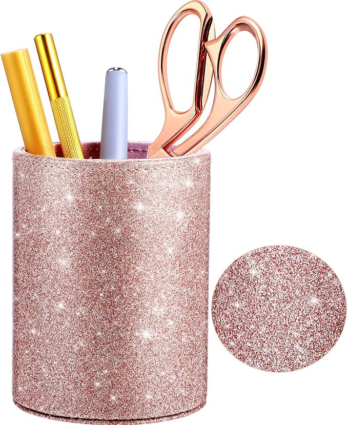 Outus PU Glitter Pen Holder Pencil Cup Rose Gold Shiny for Women Girls, Luxury Makeup Brush Holder Pu Leather Organizer Cup Gift for Desk Office Classroom Home
