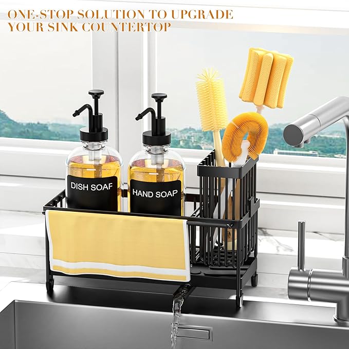 Kitchen Soap Dispenser Set with Sponge Holder and Towel Rack, 17OZ Glass Bottle, Hand and Dish Soap Dispenser Set, Non-Slip Silicone Pad, Brush Holder, Kitchen Sink Caddy Organizer Countertop