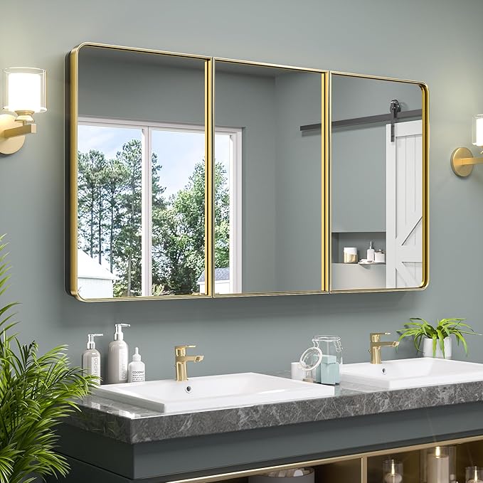 Keonjinn 60 x 32 Inch Large Brushed Brass Medicine Cabinets, Recessed Bathroom Medicine Cabinet, Dim Gold Stainless Steel Framed, Sturdy & Heavy, Adjustable Shelves, DTC Hinges, Soft Closing, Modern