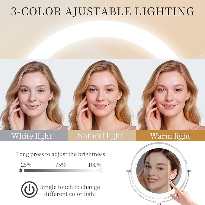 Rocollos Rechargeable Wall Mounted Lighted Makeup Mirror Chrome, 8 Inch Double-Sided LED Vanity Mirror 1X/10X Magnification,3 Color Lights Touch Screen Dimmable 360°Swivel 13 Inch Extendable