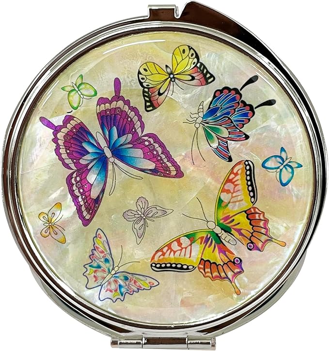 Portable Makeup Compact Double Magnifying Mirror Cosmestic Foldable Pocket Style Unique Mother of Pearl Design (Butterfly)