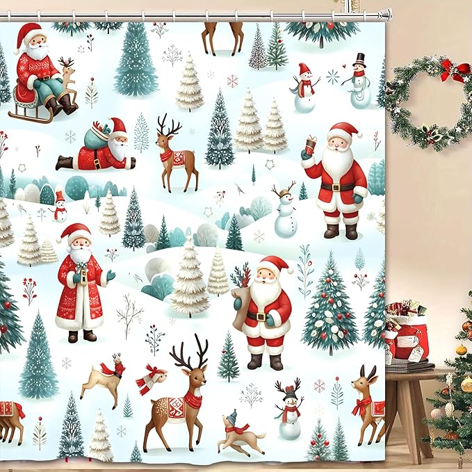 Christmas Shower Curtain，Santa Claus Castle Reindeer Shower Curtain，Winter Pattern Holoday Shower Bathroom Decor For Bathroom ，72x72 Inch Waterproof Polyester Insulated Home Decor Set With Hooks