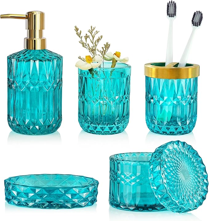 LaMarriti Teal Blue Bathroom Accessories Set, 5Pcs Clear Glass Bathroom Accessories, Hand Soap Dispenser Set, Soap Dish, Toothbrush Holder, Tumbler, Qtip Holder for Crystal Vantage Bathroom Decor