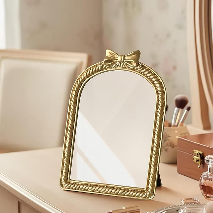 Gold Bow Resin Frame Mirror, Dual-Use Tabletop & Wall Mounted Vanity Mirror for Bedroom Living Room Decor
