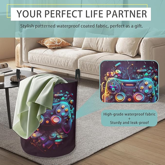Laundry Hamper Foldable Oxford Cloth Game Controller Laundry Basket With Handle Portable Clothes Storage Organizer Basket Storage Bag For Laundry Room/Bedroom/Bathroom