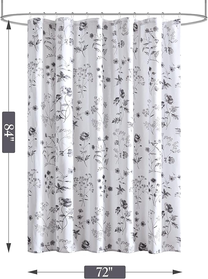 Martha Stewart Martha's Garden Shower Curtain Botanical Floral Print Cotton Shower Curtain for Bathroom, Spa Quality Modern Shower Curtains Standard Size, 72x84 Black