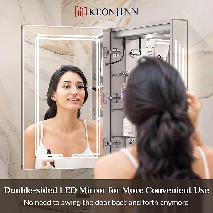 Keonjinn 30 x 32 Inch Lighted Medicine Cabinet with Lights, LED Medicine Cabinet Mirror for Bathroom, Tempered Glass, Adjustable Shelves, No Outlets, 3 Color Temperature, Anti-Fog, Surface Mount Only
