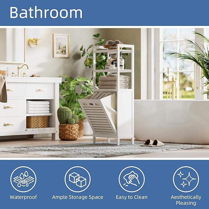 HITNET Bamboo Tilt Out Hamper, 10 Gal Bathroom Laundry Cabinet with Hidden Foldable Basket, Freestanding Clothes Storage Organizer with Storage Shelf, White