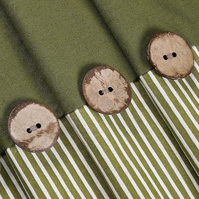 Farmhouse Shower Curtain,Green and Green Stripe,Button Curtain,Cotton Blend Fabric,Rustic Charm Country Chic Style,72x72 in