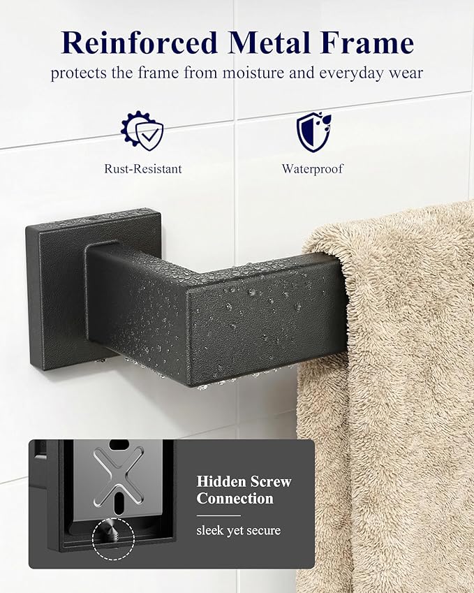Kitsure 5-Pieces Bathroom Hardware Accessories Set, Rustproof Towel Racks for Bathroom Wall Mounted, 16" Towel Bar, Toilet Paper Holder, Ring & 2 Hooks, Matte Black