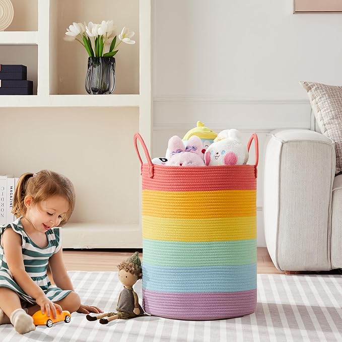 15”Dx20“H Rainbow Baby Girls Kids Hamper Laundry Basket for Nursery Toddler Clothes Blanket Toy Storage Woven Rope Unicorn Hamper in Playroom Bedroom 60L Large