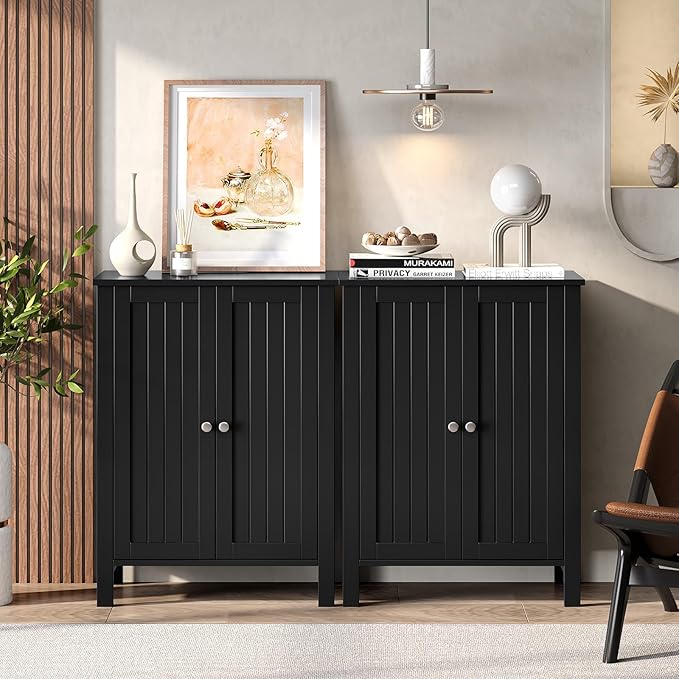 Bonnlo Free Standing Bathroom Cabinet, Modern Black Storage Cabinet with Doors, Small Wooden Floor Cabinet Sideboard for Hallway, Bedroom, Kitchen Organization, 31.5 Inch High