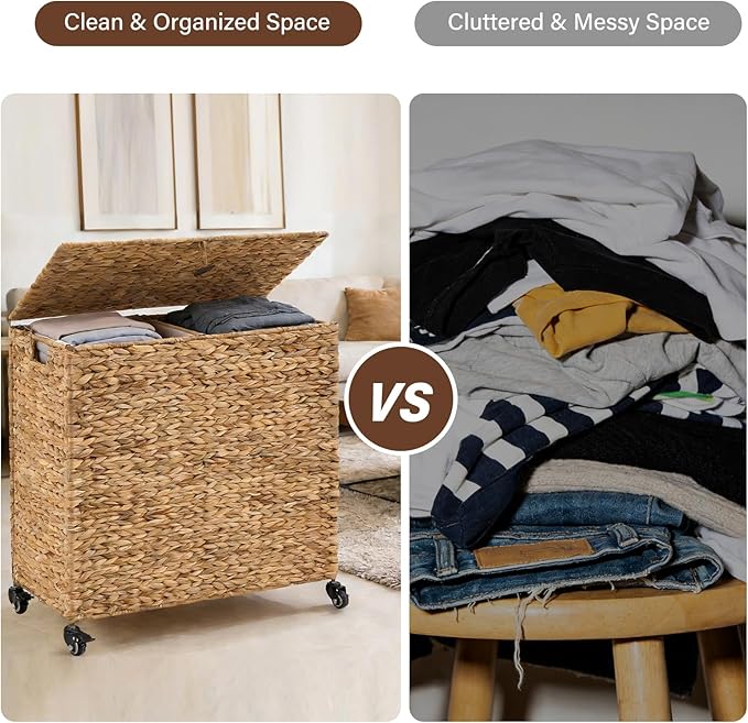 Hand-Woven Laundry Basket with Wheels, Natural Water Hyacinth Laundry Hamper with Lid, Removable & Machine-Washable Liner,2-Section Clothes Hamper for Bathroom and Laundry Room(120L,Natural)