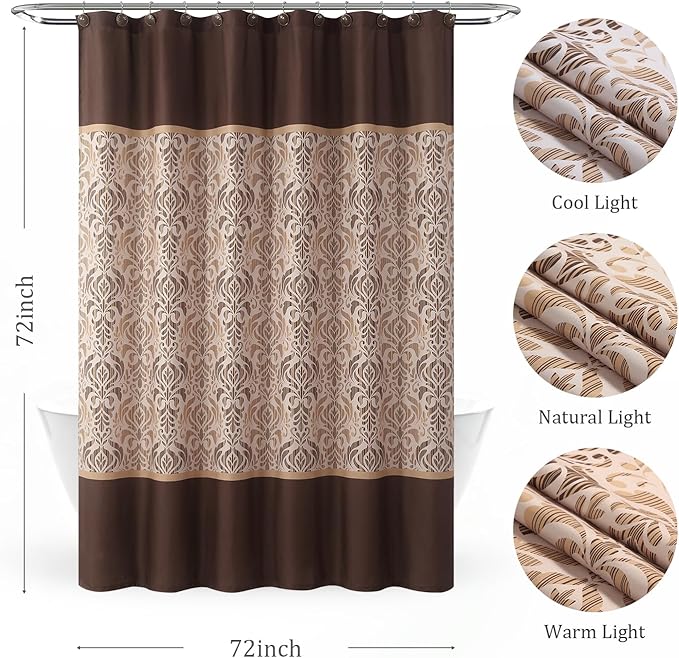 Brown Fabric Shower Curtain, Waterproof for Bathroom with Tan and Golden Printed Boho Paisley Damask Pattern, 72” W x 72” H