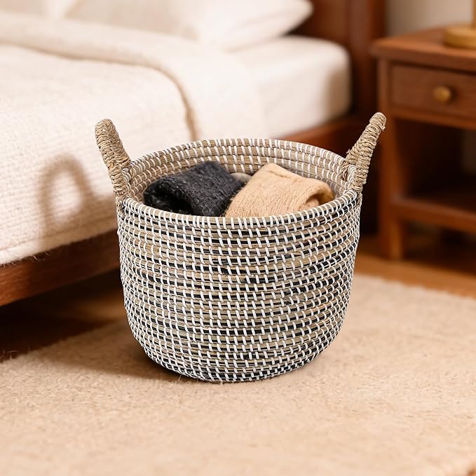 3-Piece Handwoven Seagrass Storage Basket Set with Handles, Large/Medium/Small Wicker Organizer for Laundry, Towels, Toys & Home Decor, Natural Brown