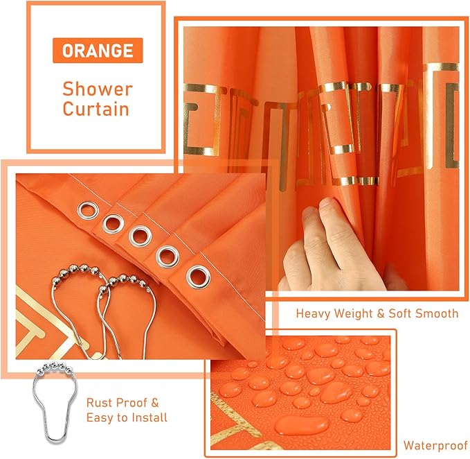 XLHOMO 11PCS Bathroom Sets with Shower Curtain and Rugs Bathroom Accessories Set Orange Bathroom Set,Soap Dispenser & Toilet Brush Holder Set with Stainless Steel Trash Can