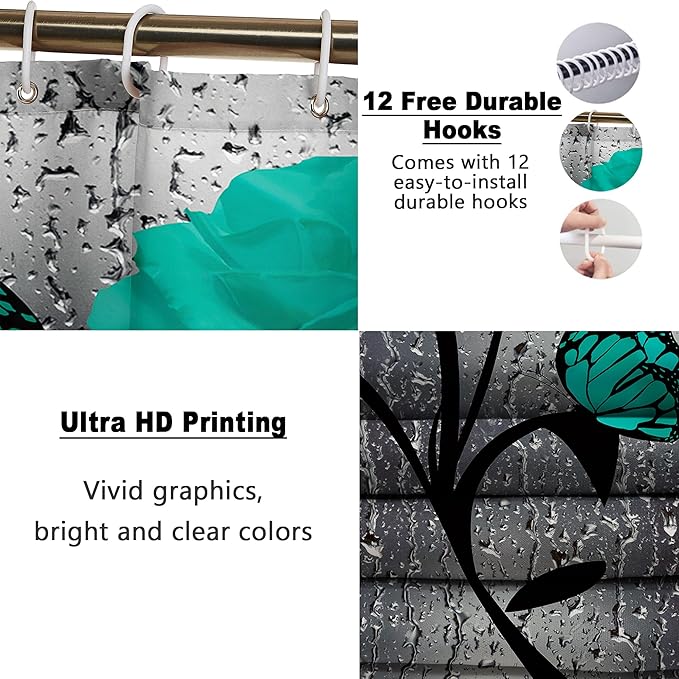 Poedist 4 Pcs Bathroom Set,Green Rose Shower Curtain Sets, Romantic Shower Curtain Sets with Rugs(Bath Mat,U Shape and Toilet Lid Cover Mat) and 12 Hooks