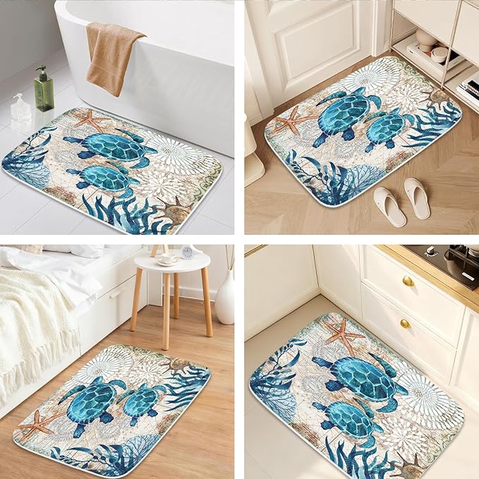 Nautical Sea Turtles Blue Ocean Beach Bathroom Rugs and Mats Sets 3 Piece, Memory Foam Bath Mat, U-Shaped Contour Shower Mat Non Slip Absorbent, Velvet Washable 20 x 31 inch