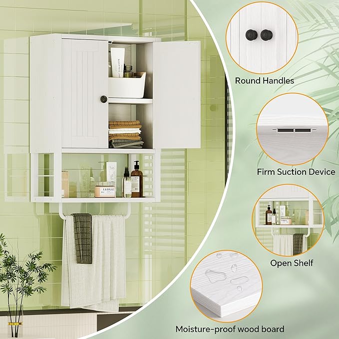 Homeiju Rustic Wall Mounted Medicine Cabinet, White Wood Storage Cabinet with Two Barn Doors, Shelf and Towel Bar for Bathroom, Living Room, Kitchen, White