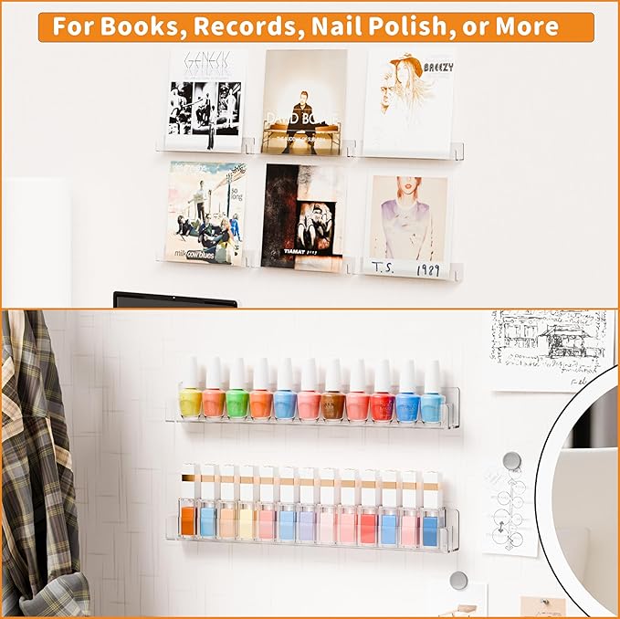 Cq acrylic Nail Polish Shelf for Wall,15 Inch 4 Pack Hanging Clear Nail Polish Wall Organizer Shelves for Nail Salon Wall Essential Oil Shelf,Gel Fingernail Polish Holder and Tattoo Studio Decor Paint