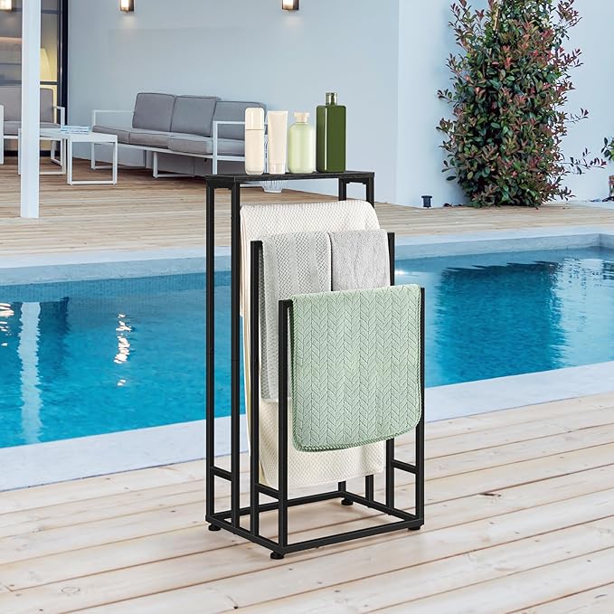 Freestanding Towel Rack 3 Tier Towel Drying Rack for Bathroom Small Standing Hand Towel Holder Black Towel Rack Stand with Storage Shelf for College Dorm Pool Side (Black)