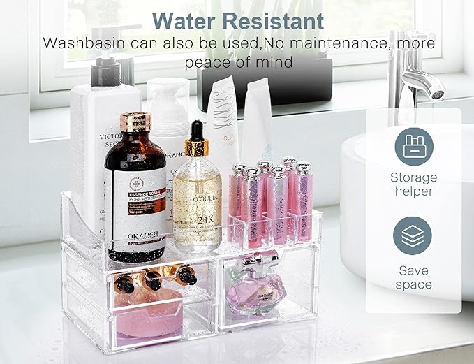GORET Vanity Makeup Organizer, Acrylic Cosmetic Storage with Large Capacity 3 Drawers for Bathroom Countertop Perfume Lipstick Brushes Skincare Eyeshadow
