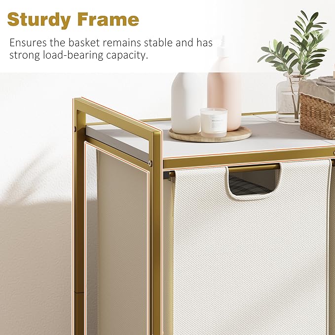 Huhote Laundry Hamper, double Laundry Basket, Laundry Sorter with Top Shelf & 2 Removable Washable Bags & Side Pockets for Laundry Room organization, Bathroom and Dorm, Gold and White