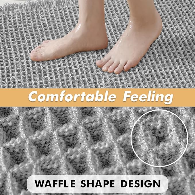 MIULEE Set of 2 Waffle Bathroom Runner Rugs, Boho Bath Rugs Non Slip Washable, Super Absorbent Runner Bath Mats, Rubber Backed, Ideal for Hallway Laundry Room, Light Grey, 2'x6'(24x72 Inch)
