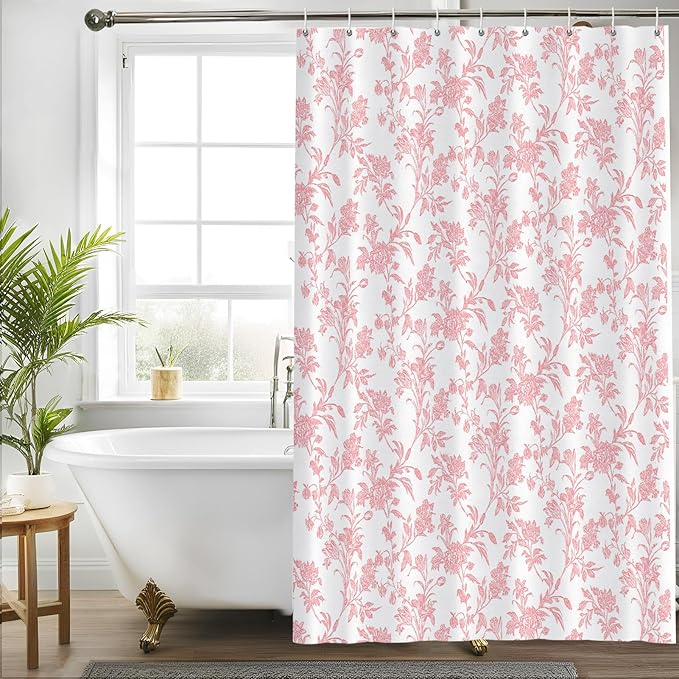 Seorsok Pink Shower Curtain,Sage Cotton Floral Cottagecore,Elegant Floral Fabric Shower Curtain Machine Washable Waterproof Bathroom Decor 36'Wx72'L inches