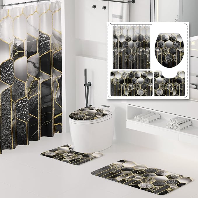 XLHOMO Bathroom Sets with Shower Curtain and Rugs - 4PC Black Geometric Shower Curtain Set with 12 Hooks, Toilet Cover, U-Shaped Mat and Rugs Modern Abstract Bathroom Accessories for Bathroom