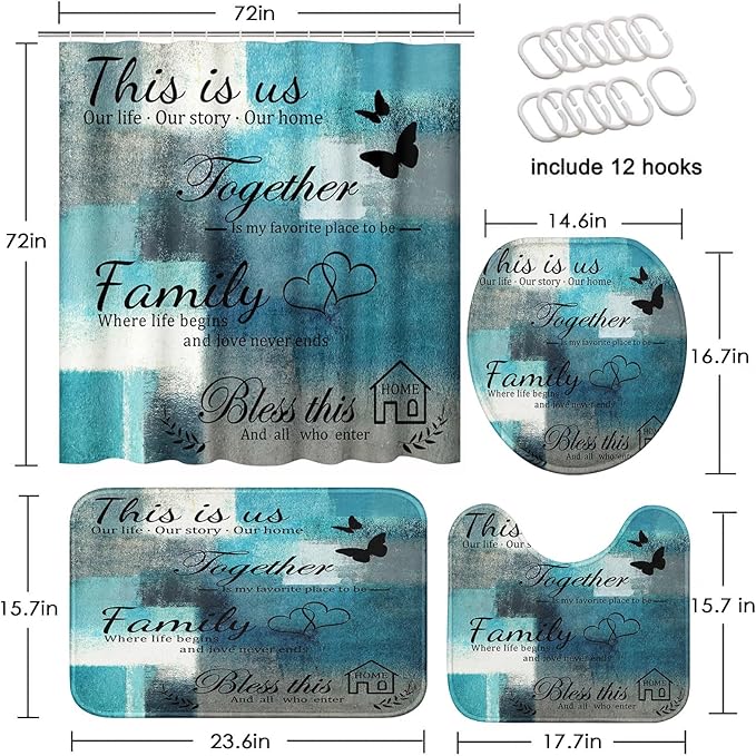 Family Home Motivational Shower Curtain Set with Toilet Lid Cover and Non-Slip Rugs for Bathroom, Turquoise Teal Abstract Painting Art 4 Pcs Shower Curtain, Modern Bathroom Set with 12 Hooks