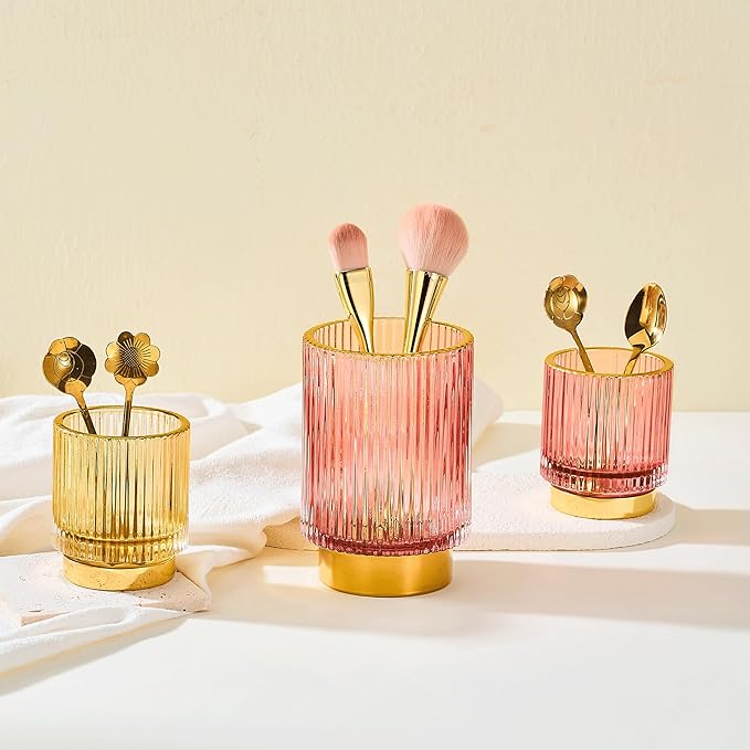 Makeup Brush Organizer, Toothbrush Holder, Desk Pen Pencil Holder, Multifunctional Vintage Glass Brush Cup (S/Gold/A3-12-US)
