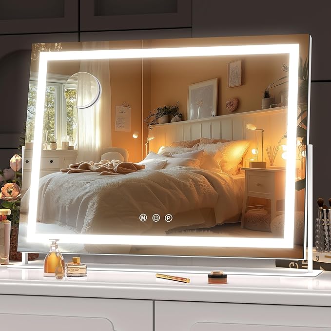 Hasipu Vanity Mirror with Lights, 17.7" x 12.6" LED Makeup Mirror, Light up Mirror with 10X Magnification, Smart Touch 3 Colors Dimmable, 360° Rotation (White)