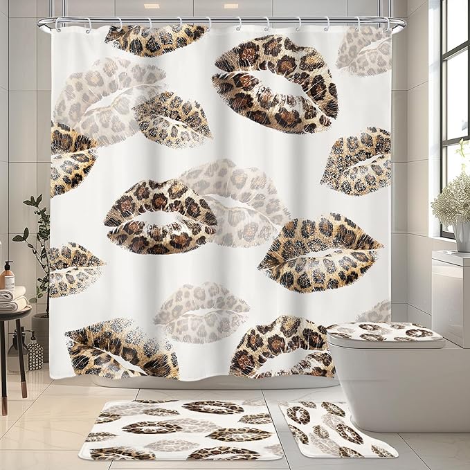 LIGHTINHOME 4 PCS Kiss Lips Shower Curtain Set 72Wx72H,Toilet Lid Cover,Non-Slip Rugs and U-Shaped Mat,Wild Cheetah Leopard print Bathroom Sets with Rugs Shower Accessories 12 Hooks for Bathroom Decor