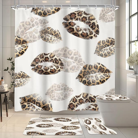 LIGHTINHOME 4 PCS Kiss Lips Shower Curtain Set 72Wx72H,Toilet Lid Cover,Non-Slip Rugs and U-Shaped Mat,Wild Cheetah Leopard print Bathroom Sets with Rugs Shower Accessories 12 Hooks for Bathroom Decor