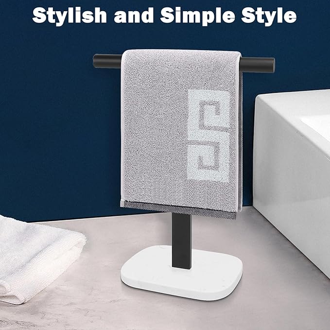 NearMoon T-Shape Hand Towel Holder-Bath Towel Rack-Standing with Balanced Base Towel Bar for Bathroom Kitchen Vanity Countertop, Modern Stand Towel Ring with Marble Base (14 Inch, Black)