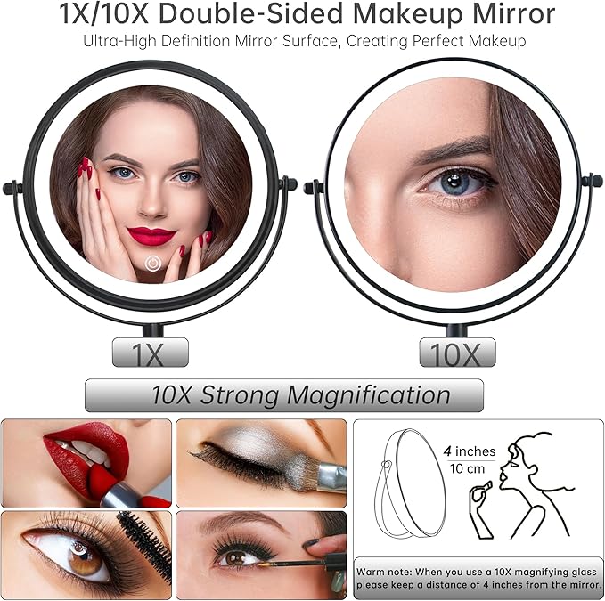 JANEEVA 8" Wall Mounted Lighted Makeup Mirror,Rechargeable Double Sided 1X/10X Magnifying Mirror with 3 Color Lights,Touch Dimmable Bathroom Vanity Mirror with 360°Swivel Extendable Arm Matte Black