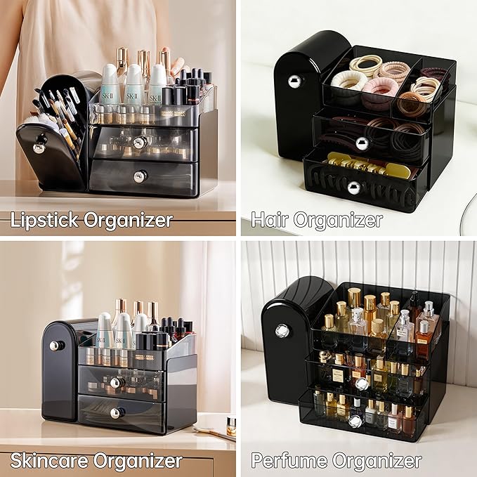 Makeup Organizer with Brush Holder, Large Cosmetic Storage, Skincare Organizer for Bathroom Countertop, Vanity Organizer for Lipstick, Perfume, Nail Polish, Mothers Day Gifts for Women(Black)
