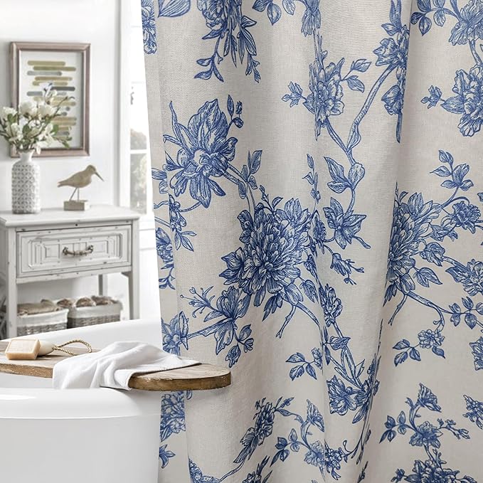 MUGINYU Blue Vintage Floral Linen Shower Curtain-Toile Cottage Core Farmhouse Country Neutral Botanical Bath Curtain for Bahtroom Decor 72x72inch