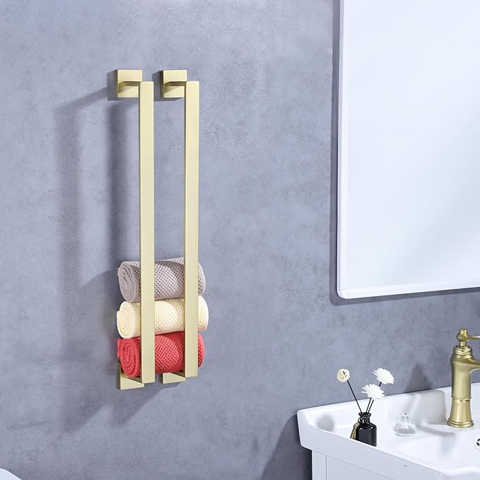 LANC 2-Pack 16-Inch Brushed Gold Bathroom Towel Bars, Total-18 Square Towel Racks Single Hand Towel Holders SUS304 Stainless Steel Wall Mount Lavatory Towel Hanger Towel Rods,A8804-4BG