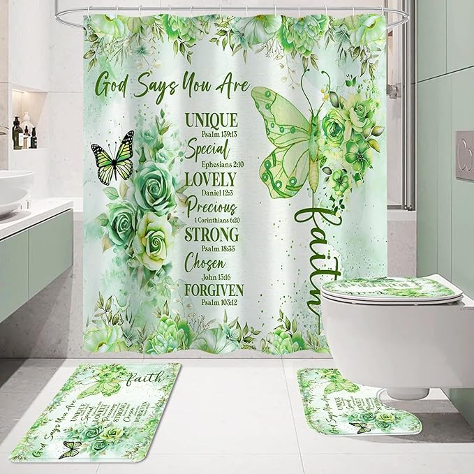 Litabel 4 Pcs Green Butterfly Inspirational Quotes Shower Curtain Set with Rugs and Toilet Lid Cover, Colorful Boho Waterproof Fabric Bathroom Set, Bible Verse Floral Bathroom Decor Set Accessories