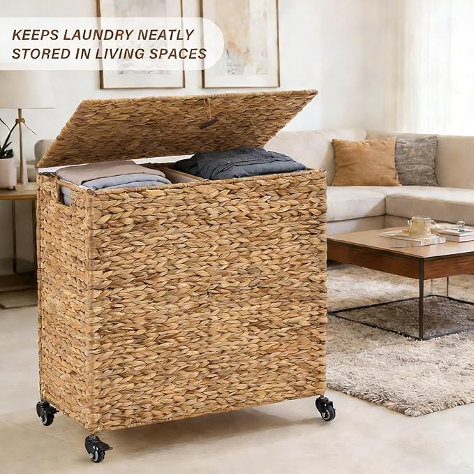 Hand-Woven Laundry Basket with Wheels, Natural Water Hyacinth Laundry Hamper with Lid, Removable & Machine-Washable Liner,2-Section Clothes Hamper for Bathroom and Laundry Room(120L,Natural)