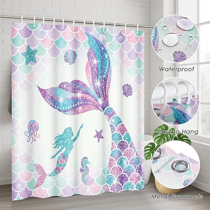 ArtSocket Pink Mermaid Tail Scales Bathroom Set with Shower Curtain and Rugs Accessories Sea Turtle Seahorse Octopus Conch Shower Curtain Set Cute Summer Bathroom Decor 4 Pcs
