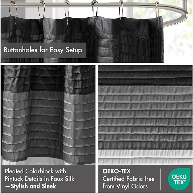 Madison Park Amherst Bathroom Shower Curtain Faux Silk Pieced Striped Modern Microfiber Bath Curtains, 72x72 Inches, Black